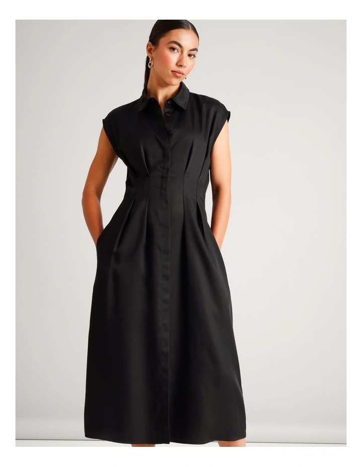 Lyocell Tuck Waist Detail Sleeveless Midi Dress in Black image 2