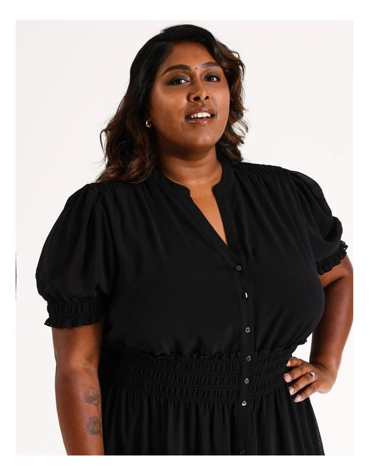 Basque Recycled Poly Shirred Waist Midi Dress In Black MYER