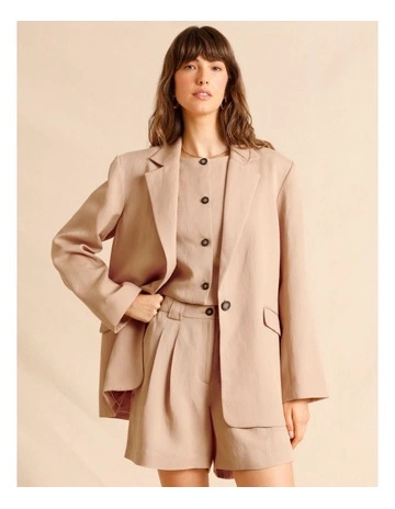 Lyocell Linen Blend Oversized Blazer in Sand
