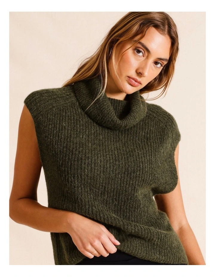 Funnel Neck Extended Shoulder Knit Vest in Khaki image 1