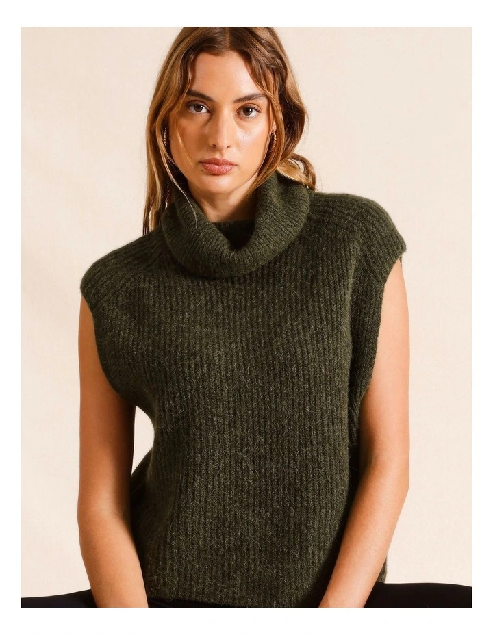 Funnel Neck Extended Shoulder Knit Vest in Khaki image 2