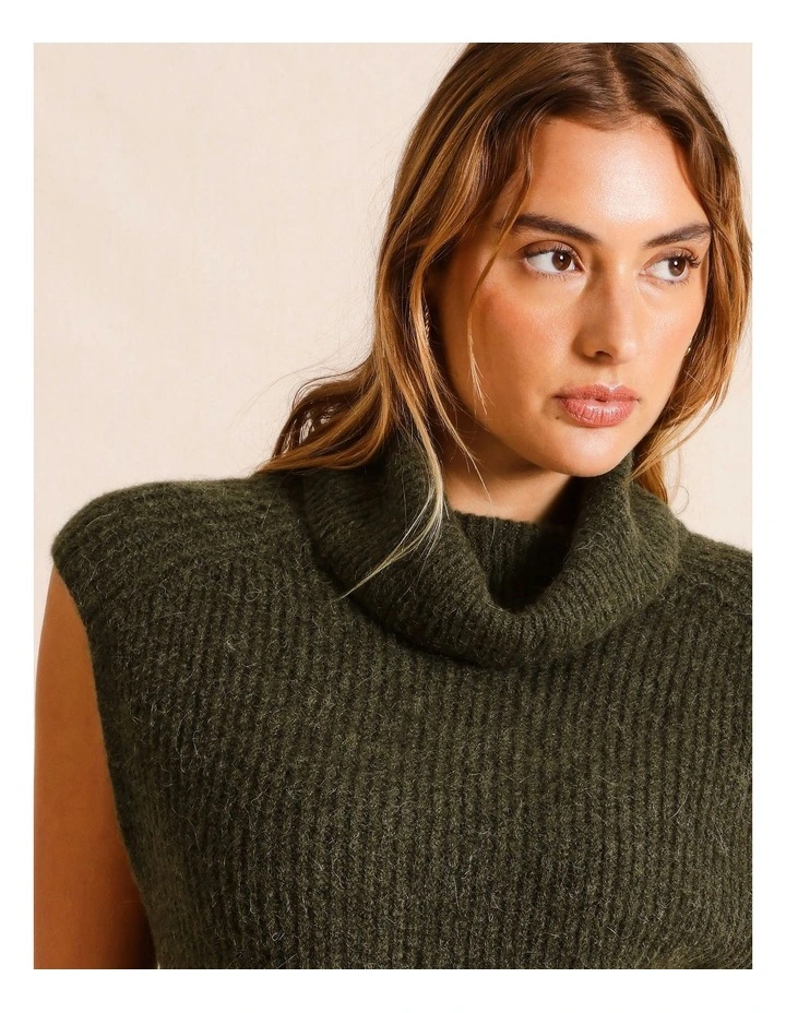 Funnel Neck Extended Shoulder Knit Vest in Khaki image 4