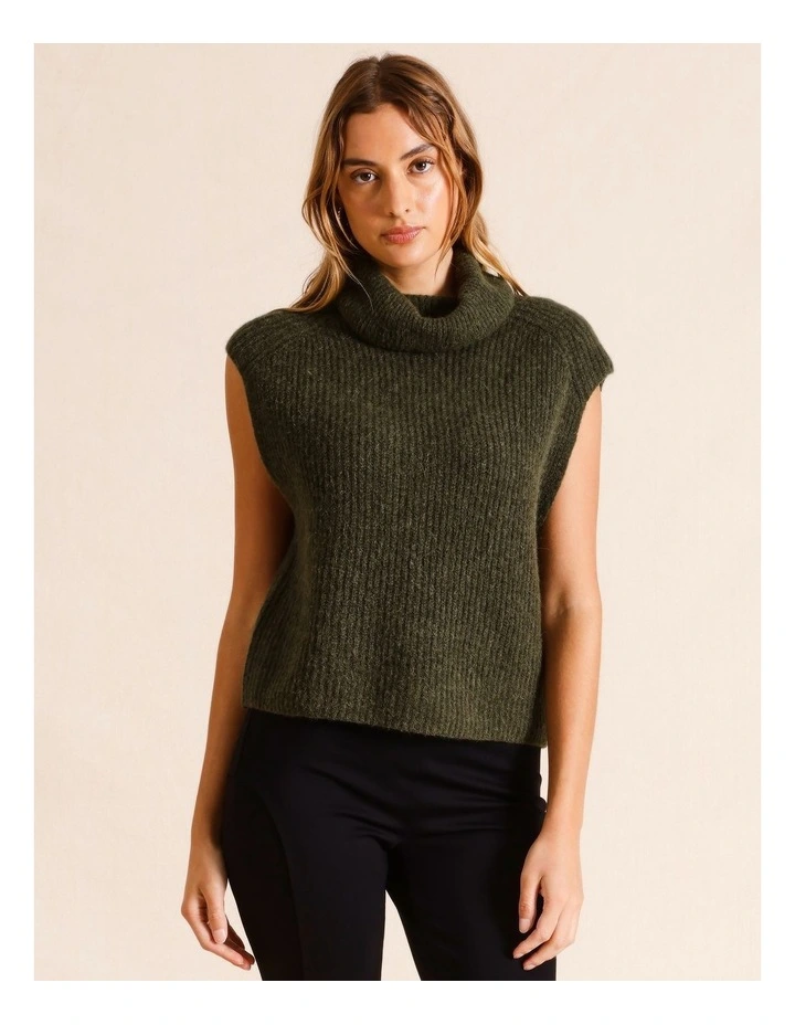 Funnel Neck Extended Shoulder Knit Vest in Khaki image 5