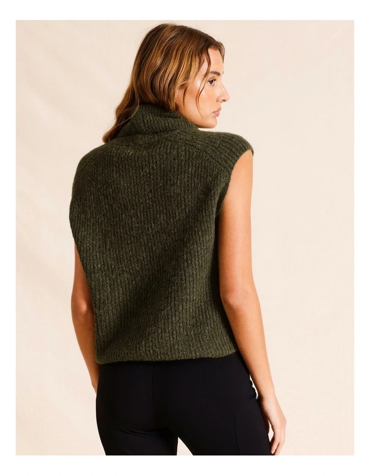 Funnel Neck Extended Shoulder Knit Vest in Khaki image 6