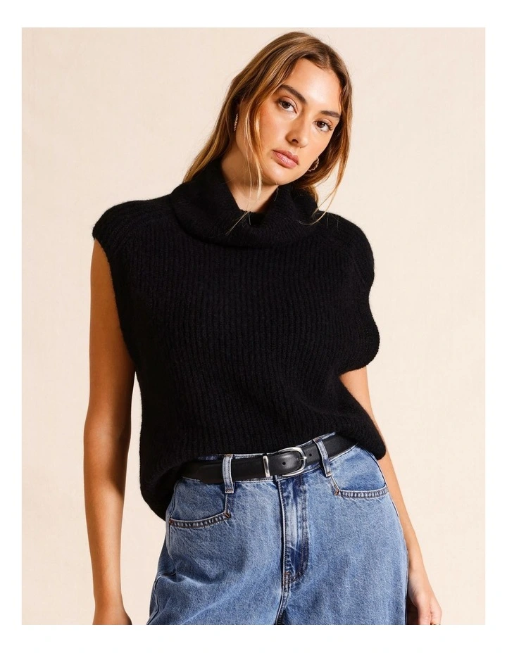 Funnel Neck Extended Shoulder Knit Vest in Black image 2