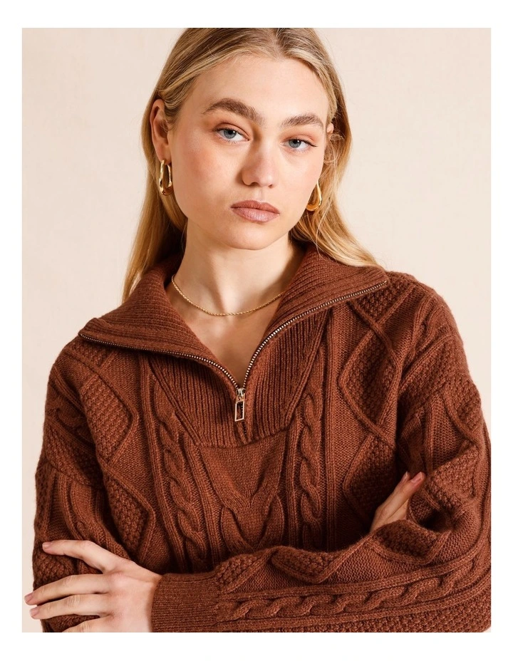 Piper Half Zip Cable Knit Jumper in Chocolate MYER