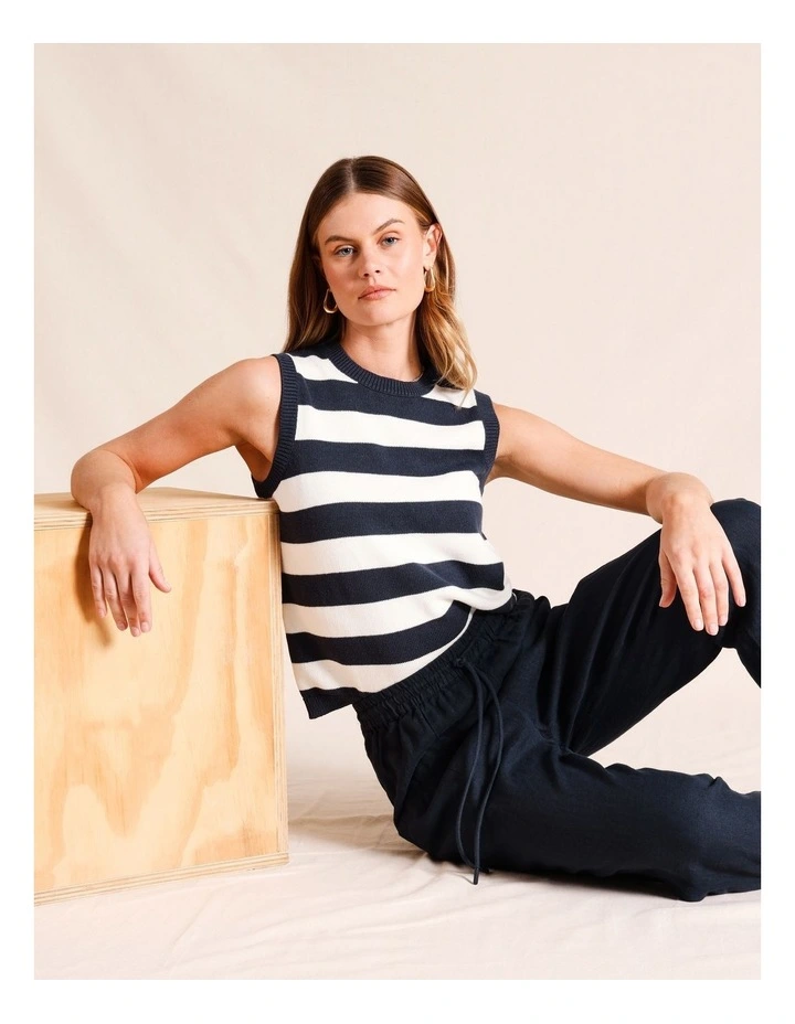Sleeveless Cotton Stripe Knit Top in Navy image 1