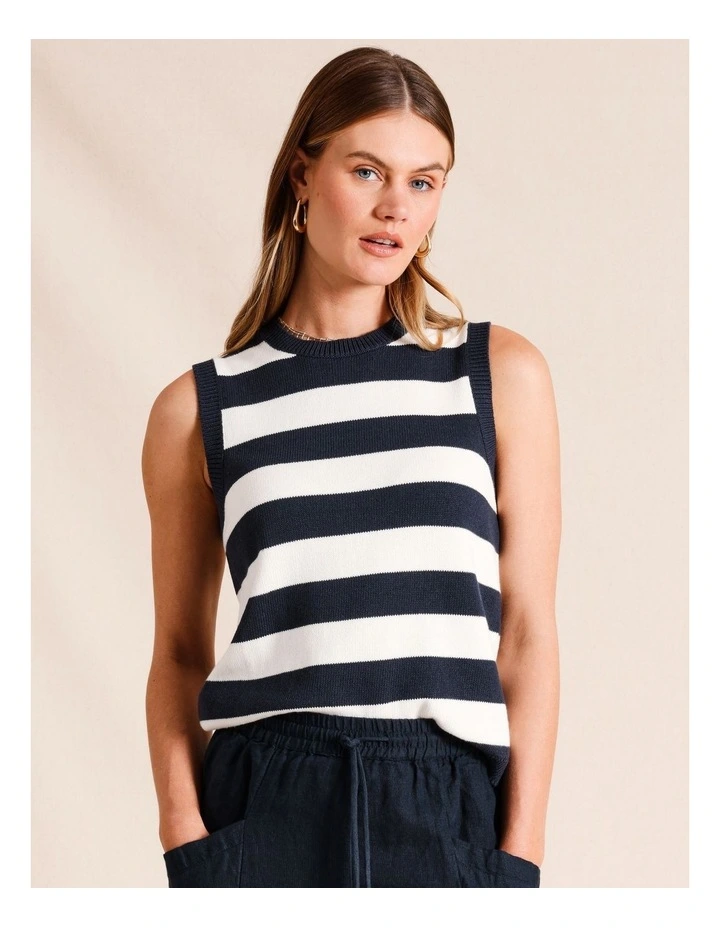 Sleeveless Cotton Stripe Knit Top in Navy image 2