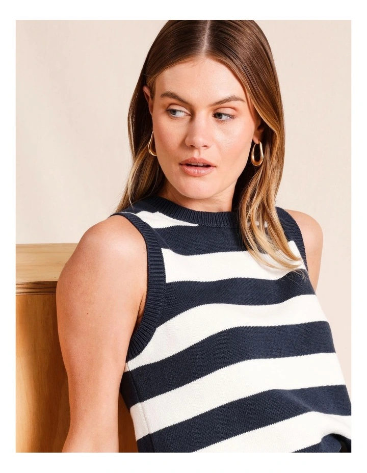 Sleeveless Cotton Stripe Knit Top in Navy image 3