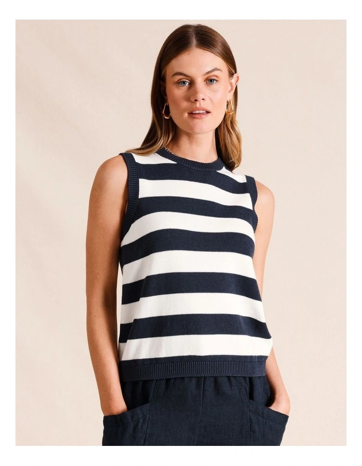Sleeveless Cotton Stripe Knit Top in Navy image 4