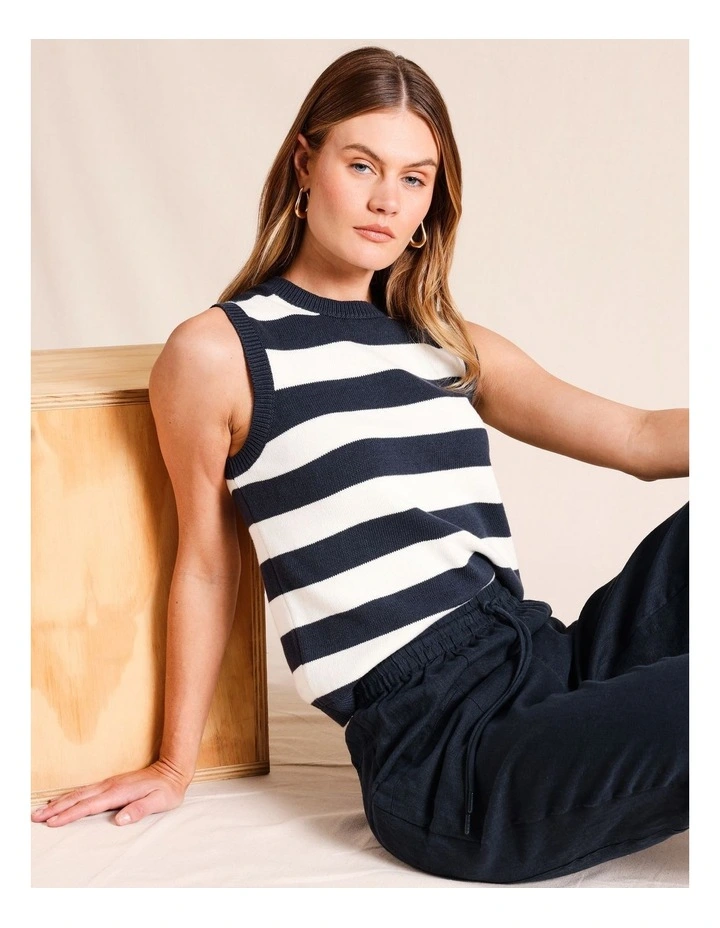 Sleeveless Cotton Stripe Knit Top in Navy image 7