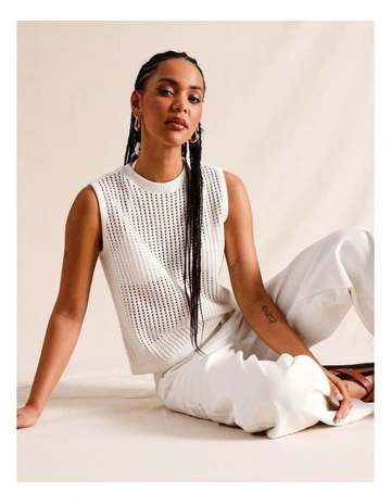 Sleeveless Cotton Open Crochet Top in White