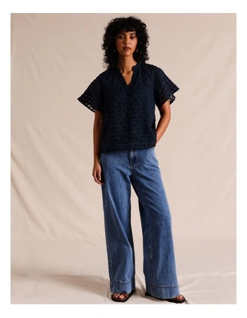Sheer Ramie Check Short Sleeve Popover in Navy