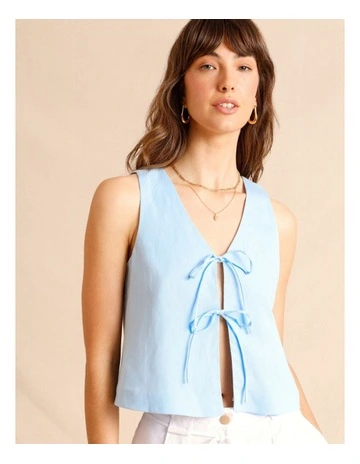 Lyocell Linen Blend Tie Front Vest in Light Blue