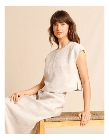 European Linen Extended Shoulder Top in Oatmeal