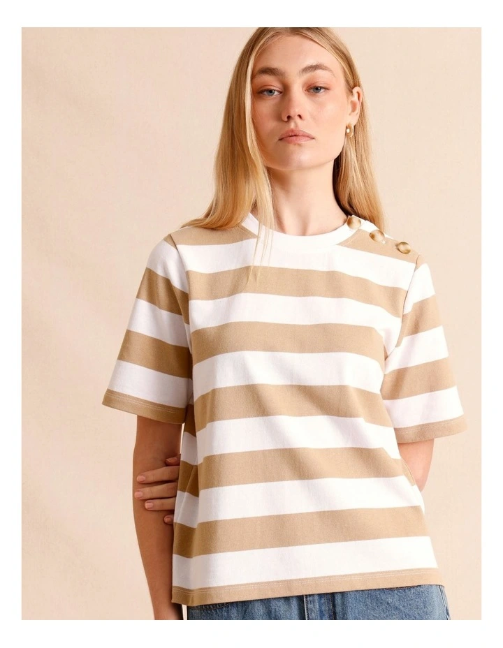 Button Up Shoulder Short Sleeve Tee in Beige image 1