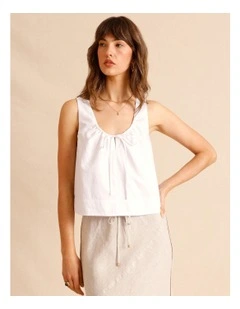 Lyocell Cotton Blend Tie Front Ruched Tank in White