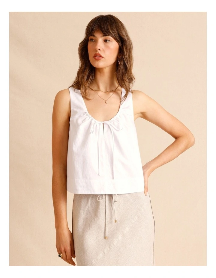 Lyocell Cotton Blend Tie Front Ruched Tank in White image 1