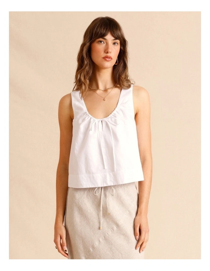 Lyocell Cotton Blend Tie Front Ruched Tank in White image 4