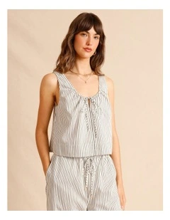 Lyocell Cotton Blend Tie Front Ruched Tank in Black/White