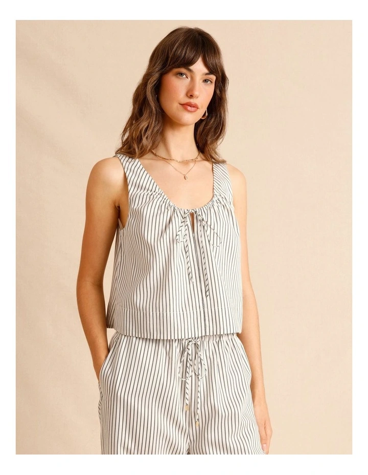 Lyocell Cotton Blend Tie Front Ruched Tank in Black/White image 1