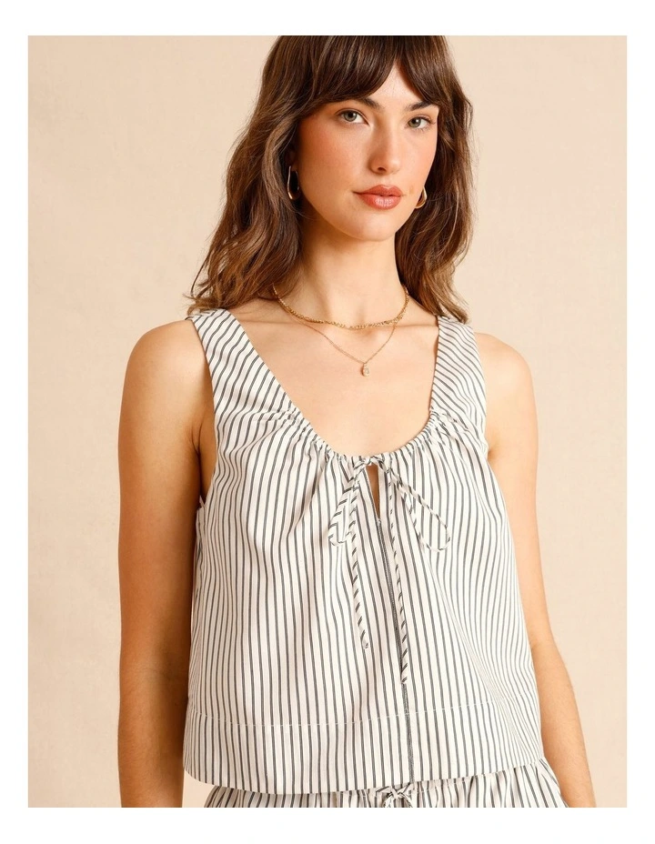 Lyocell Cotton Blend Tie Front Ruched Tank in Black/White image 3