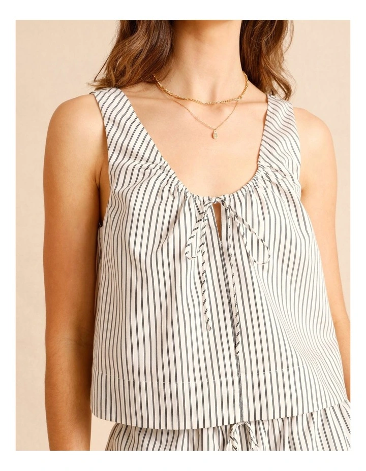 Lyocell Cotton Blend Tie Front Ruched Tank in Black/White image 4
