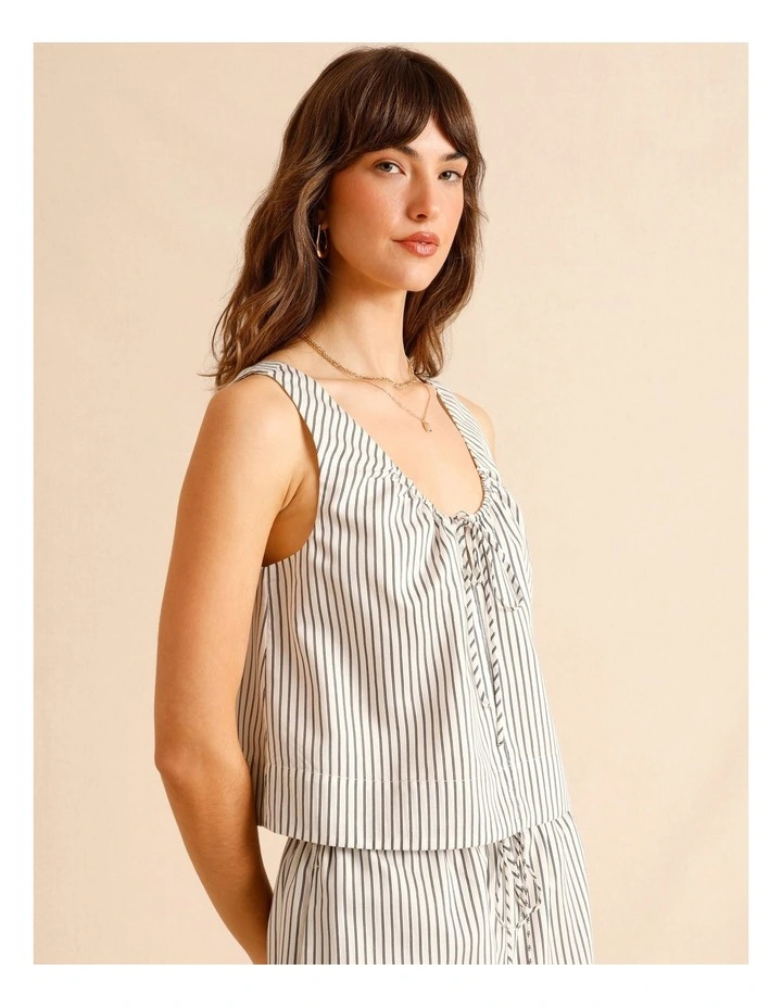 Lyocell Cotton Blend Tie Front Ruched Tank in Black/White image 5
