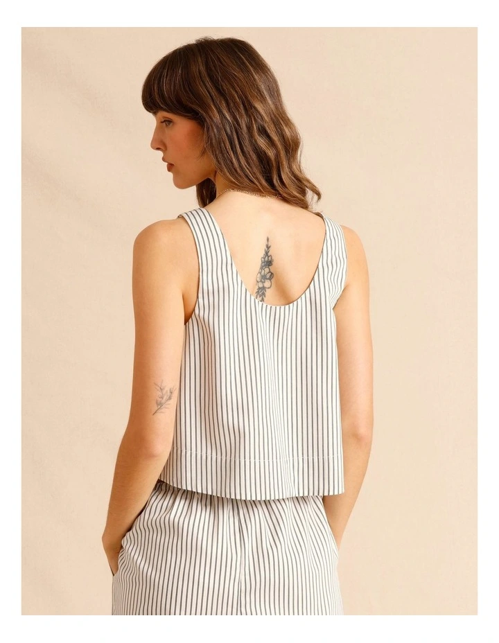 Lyocell Cotton Blend Tie Front Ruched Tank in Black/White image 6