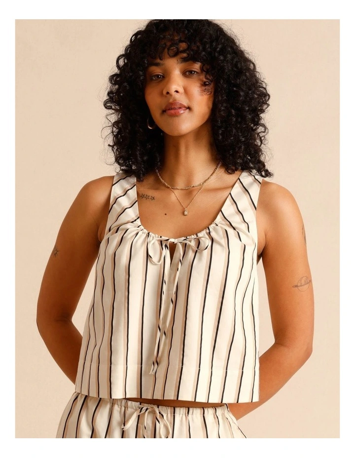 Lyocell Cotton Blend Tie Front Ruched Tank in Beige image 1