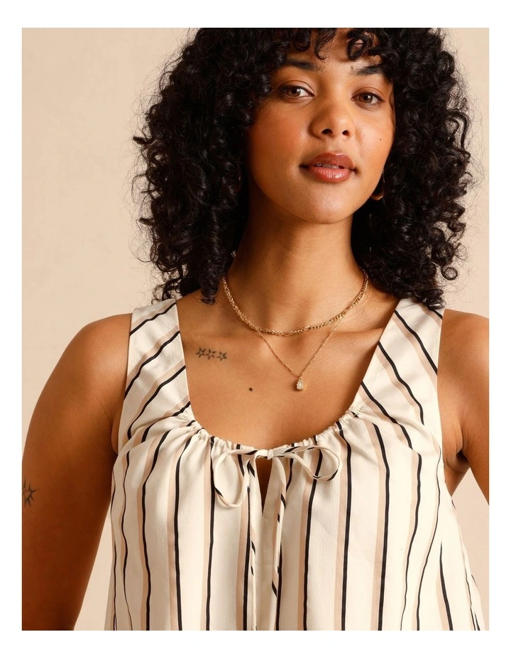 Lyocell Cotton Blend Tie Front Ruched Tank in Beige image 3