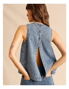Recycled Cotton Blend Denim Back Detail Tank in Mid Blues