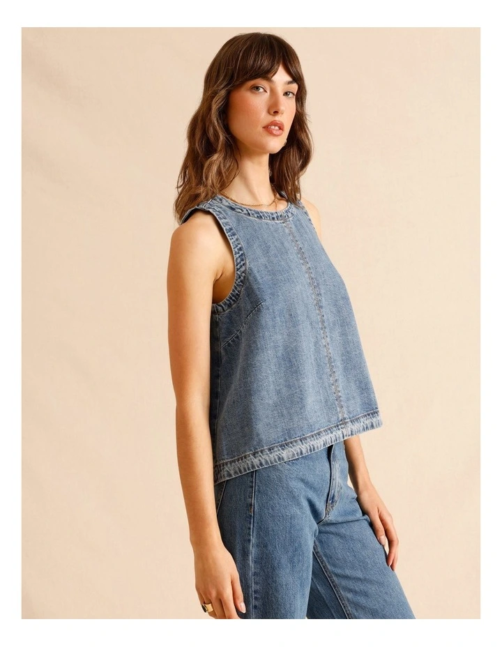 Recycled Cotton Blend Denim Back Detail Tank in Mid Blues image 2