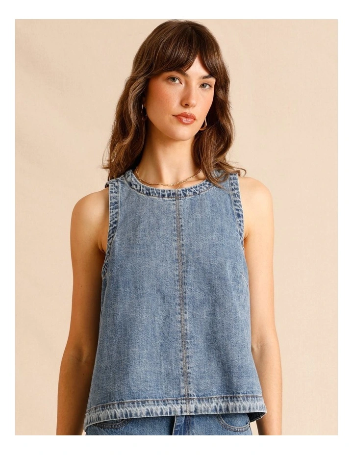 Recycled Cotton Blend Denim Back Detail Tank in Mid Blues image 3