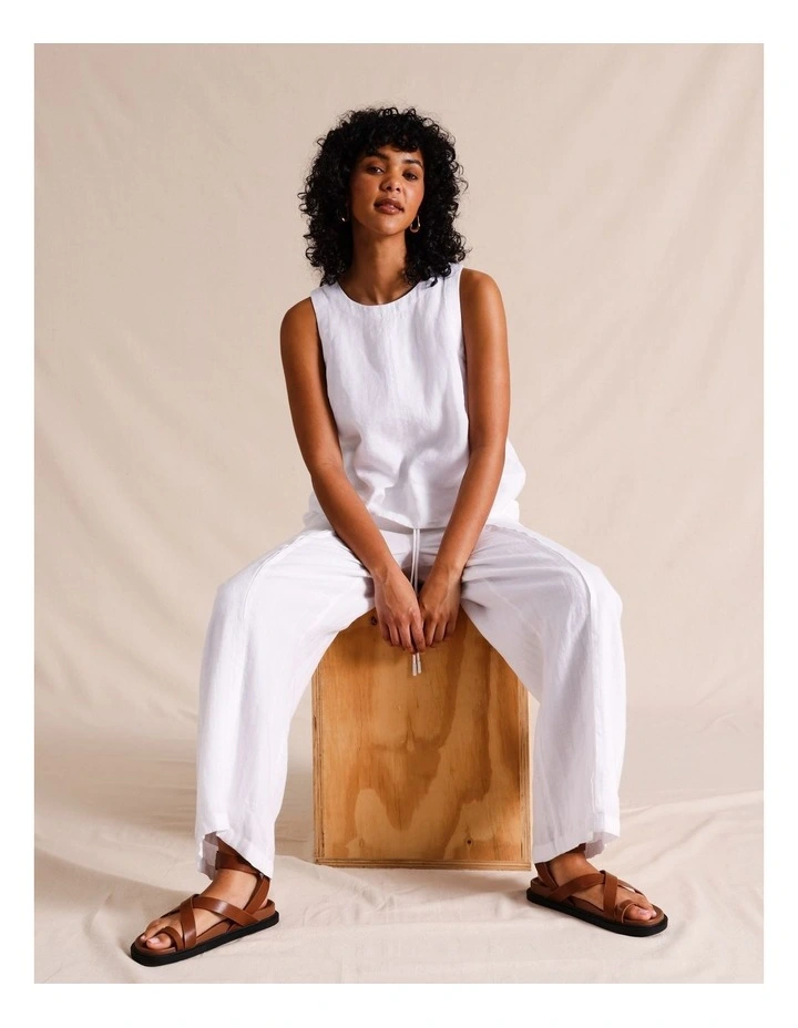 Elasticated Waist Straight Leg Linen Pant in White image 4