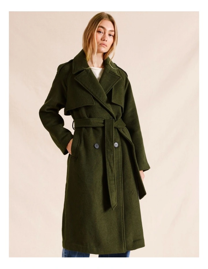 Double Breasted Tie Front Heavy Coat in Khaki image 6