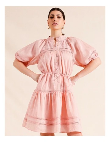 Ladder Lace Short Sleeve Ramie Mini Dress in Dusty Pink