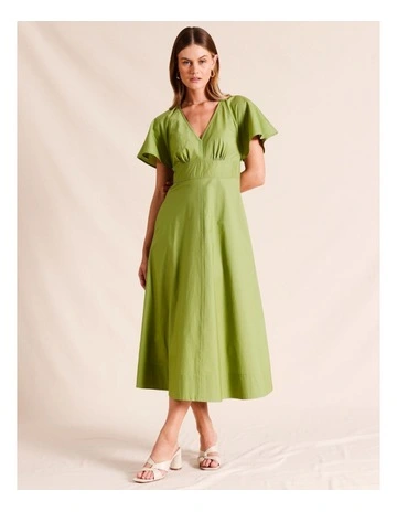 Fluted Poplin Midi Dress in Green
