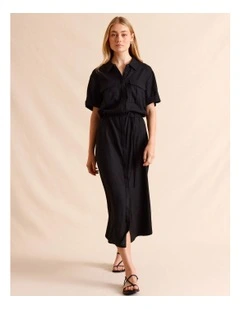 Linen Shirt Dress in Black