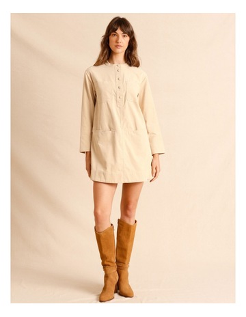Cord Long Sleeve Tunic Mini Dress in Beige