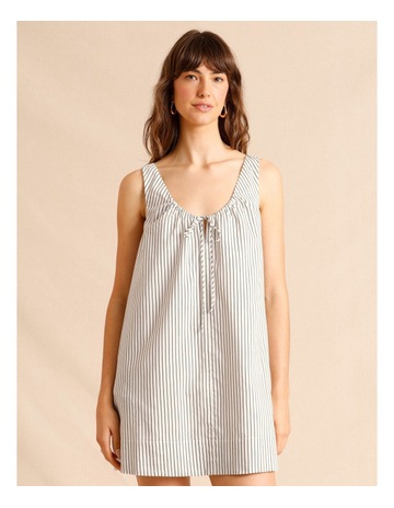 Lyocell Cotton Blend Tie Front Ruched Dress in Black/White