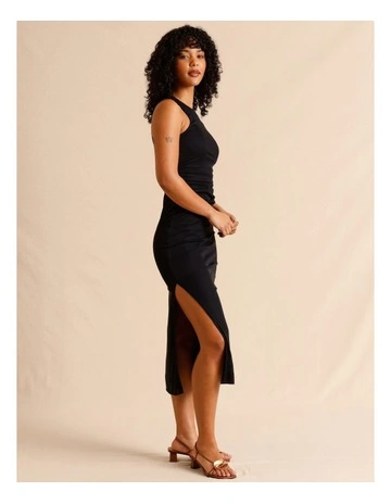 Mesh Ruched Side Racer Dress in Black
