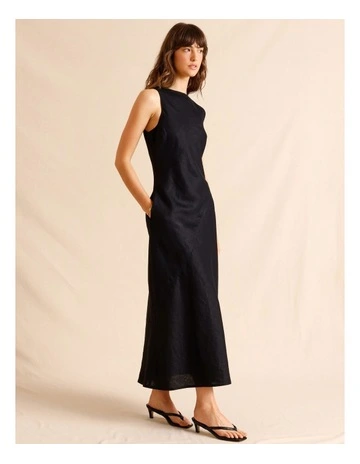 European Linen Midi Dress in Black