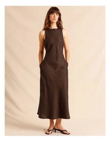 European Linen Midi Dress in Chocolate