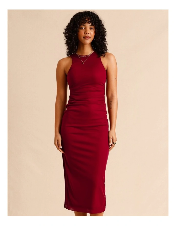 Mesh Ruched Side Racer Dress in Red image 2