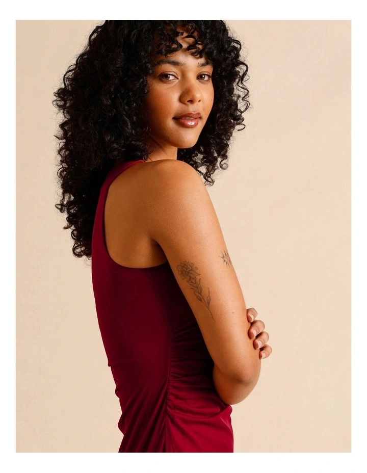 Mesh Ruched Side Racer Dress in Red image 3