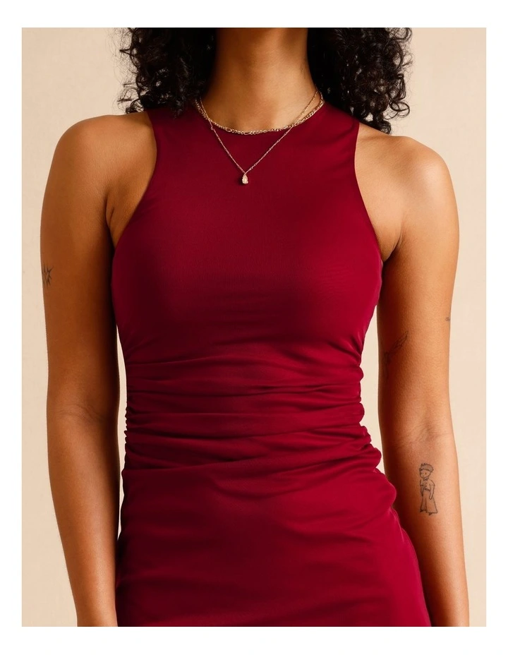 Mesh Ruched Side Racer Dress in Red image 5