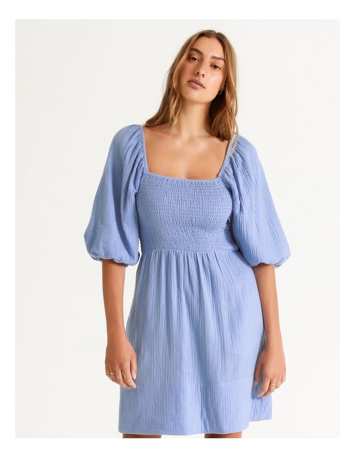 Shirred Bodice Cotton Mini Dress Cornflour Blue