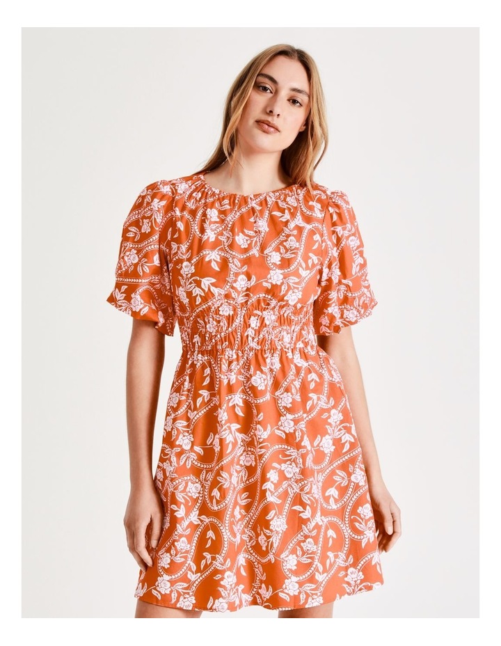 Puff Sleeve Organic Cotton Mini Dress in Burnt Coral Floral Vine