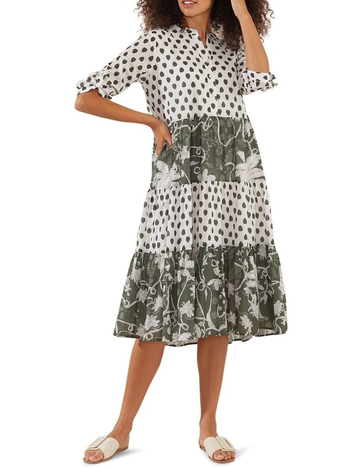 Mixed Print Tiered Dress in Khaki/White